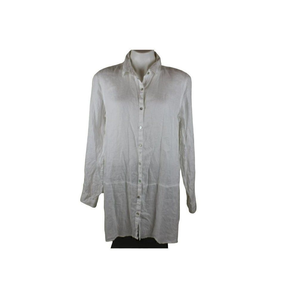 𝅺TAHARI LINEN Women's M White Button Up Tunic Lagenlook